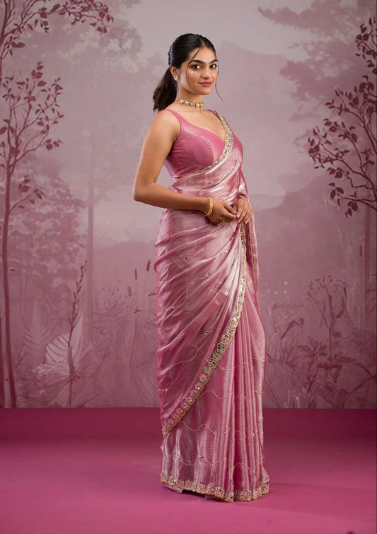 Good Looking Glitter Dori Work Pink Color Designer Saree