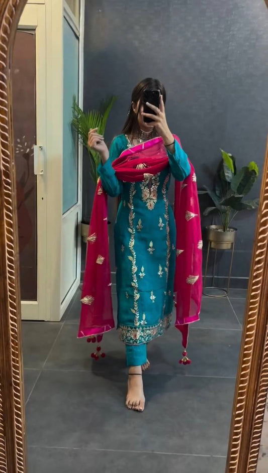 Good Looking Heavy Embroidery Sequence Work Teal Blue Color Salwar Suit