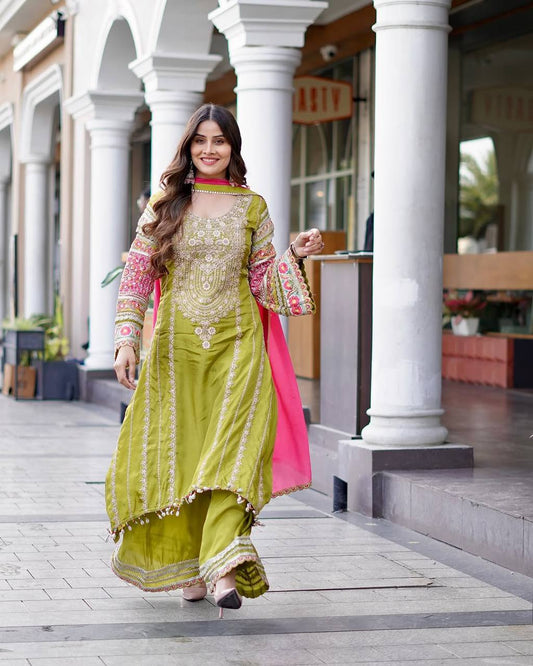 Delightful Embroidery Sequence Work Green Color Sharara Suit