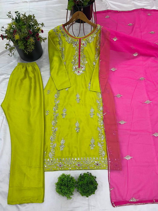 Good Looking Heavy Embroidery Sequence Work Green Color Salwar Suit