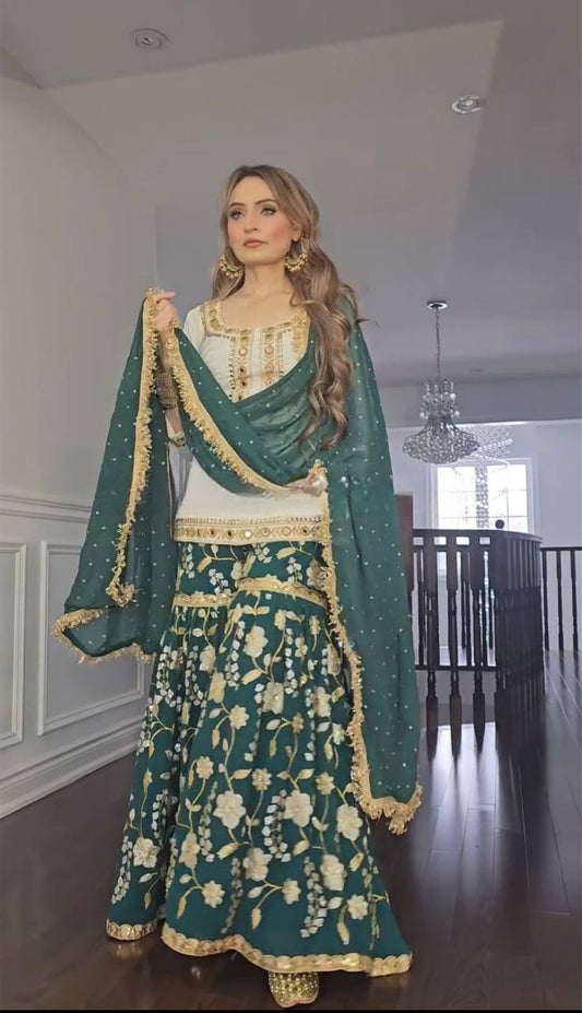 Delightful Embroidery Sequence Work Green Color Sharara Suit