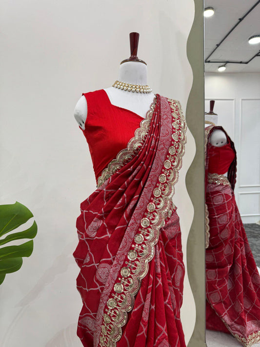 Ravishing Sequence Lace Work Red Color Designer Saree
