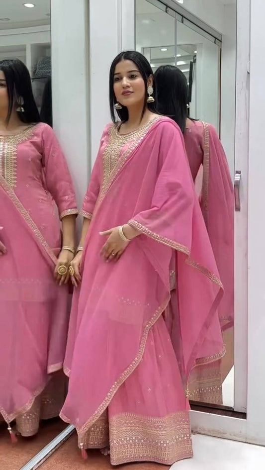 Pattern Wedding & Party Wear Sequence Work Pink Color Sharara Suit