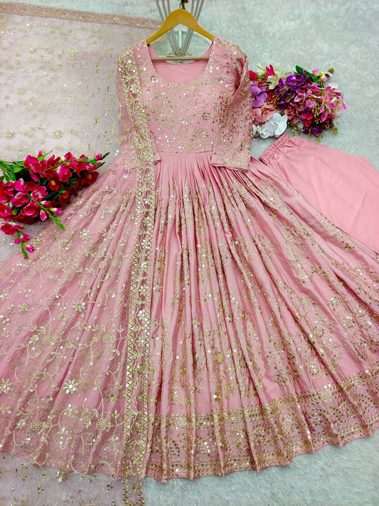 Heavy Sequence Work Light Pink Color Long Gown