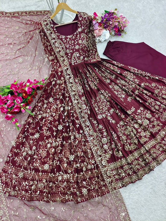 Heavy Sequence Work Maroon Color Long Gown