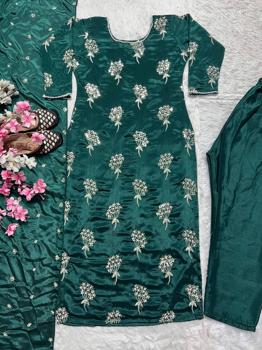 Charming Embroidery 5mm Sequence Work Green Color Sharara Suit