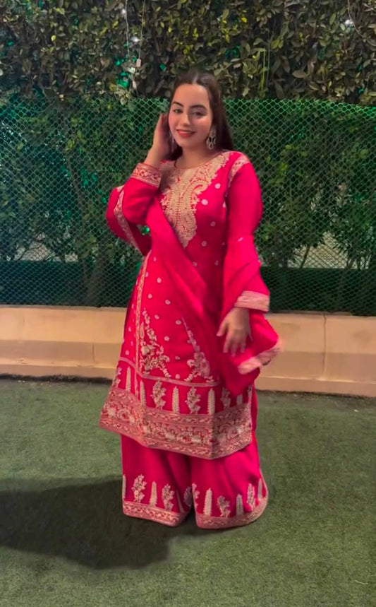 Outstanding Red Color Embroidery Coding Dori Sharara Suit