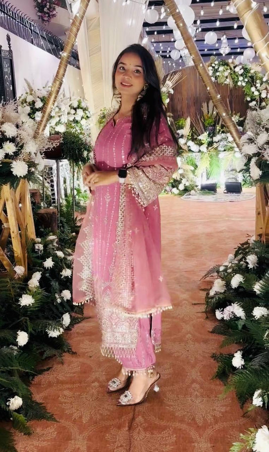 Graceful Georgeet Pink Color Palazzo Suit