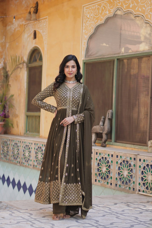 Blissful Georgette Mehndi Color Top With Bottom