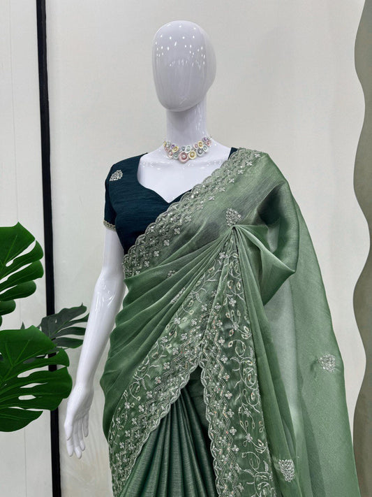 Elegant Burberry Silk Sequnce Work Perrot Green Color Saree