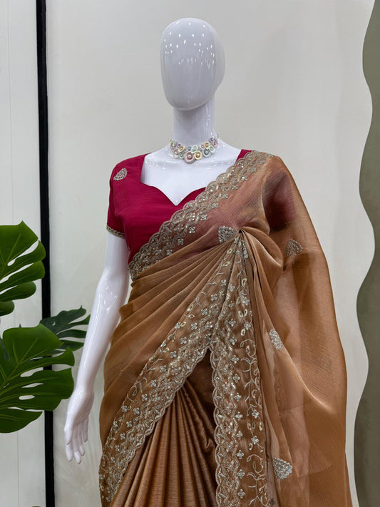Elegant Burberry Silk Sequnce Work Orange Color Saree