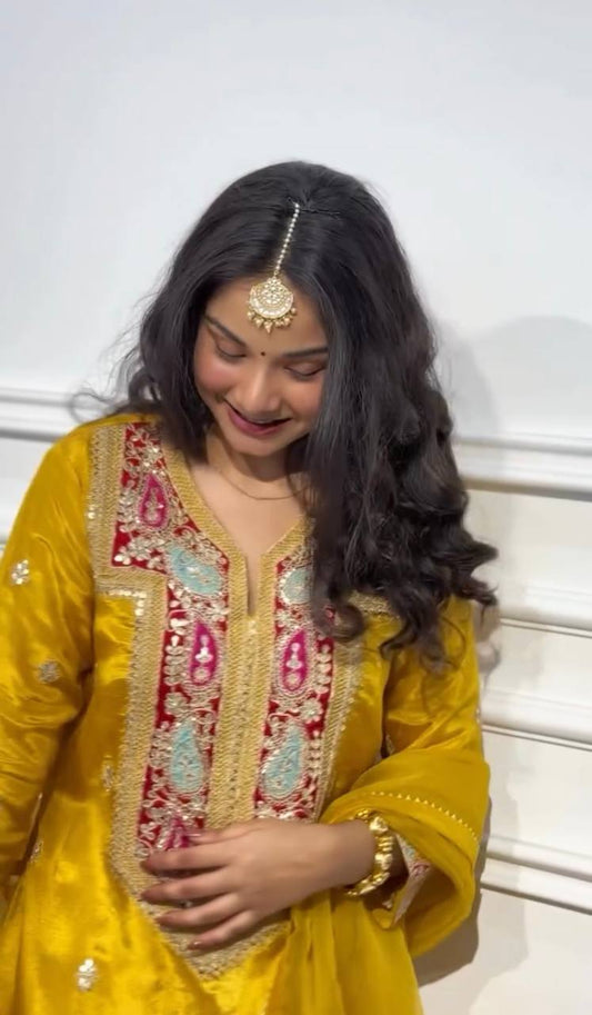 Fantastic Chinon Silk Yellow Color Sharara Suit