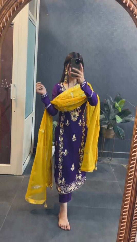 Good Looking Heavy Embroidery Sequence Work Purple Color Salwar Suit