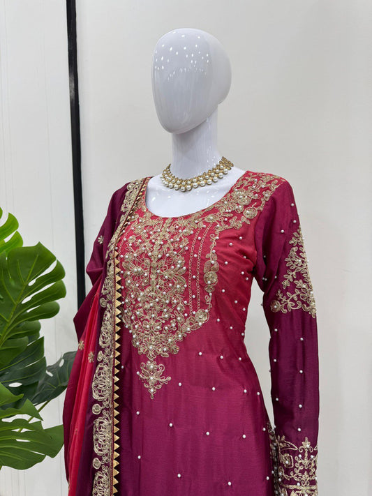 Glimmering Chinon Silk Double Shade Wine Color Sharara Suit