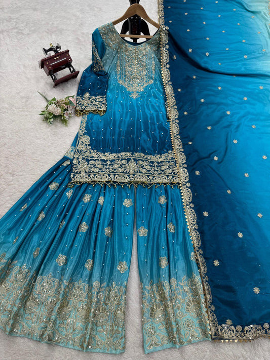 Glimmering Chinon Silk Double Shade Sky Blue Color Sharara Suit