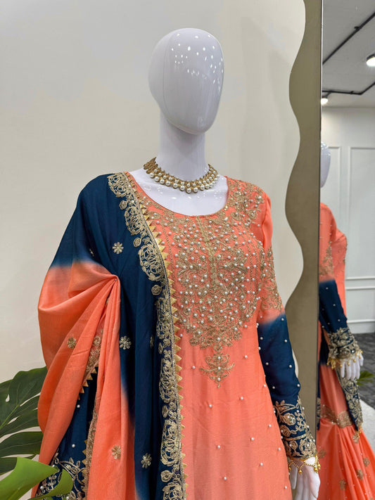 Glimmering Chinon Silk Double Shade Peach Color Sharara Suit