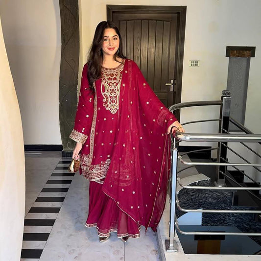 Awesome Georgette Sequins Work Red Color Sharara Suit