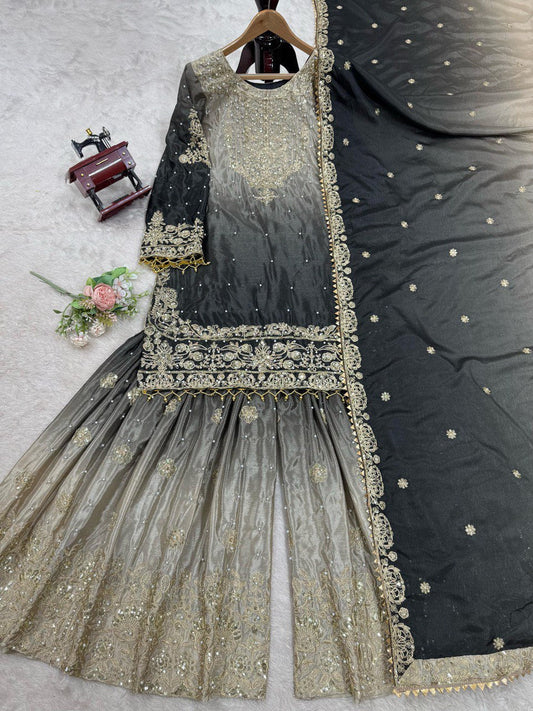 Glimmering Chinon Silk Double Shade Grey Color Sharara Suit