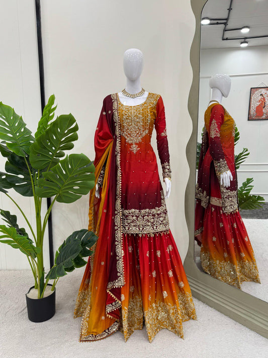 Glimmering Chinon Silk Double Shade Red Multi Color Sharara Suit