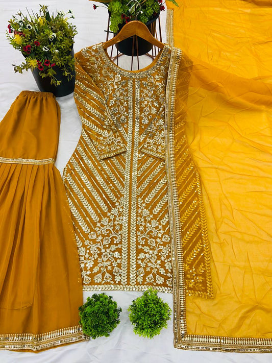 Haldi Wear Georgette Sequence Work Yellow Color Sharara Suit