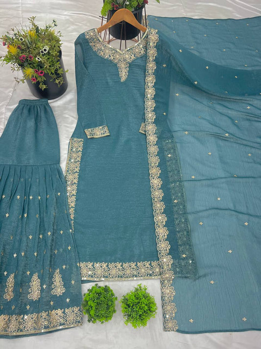 Captivating Crunchy Silk Teal Blue Color Sharara Suit