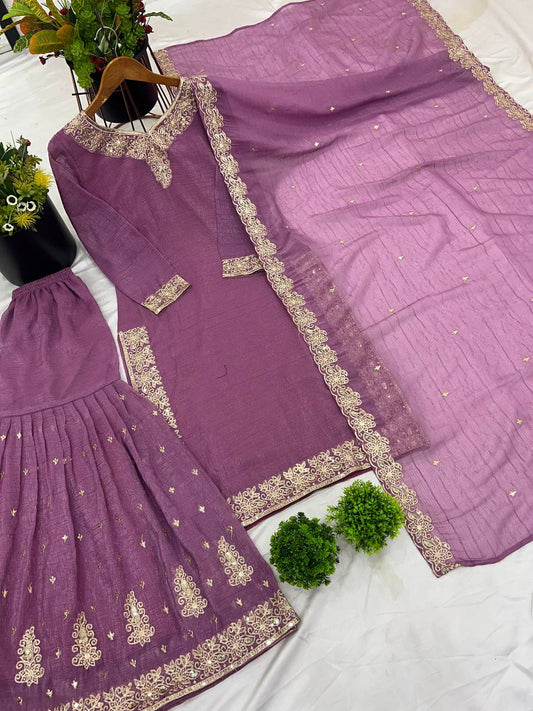 Captivating Crunchy Silk Purple Color Sharara Suit