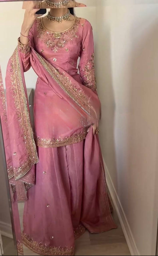 Shining Heavy Work Pink Color Sharara Suit