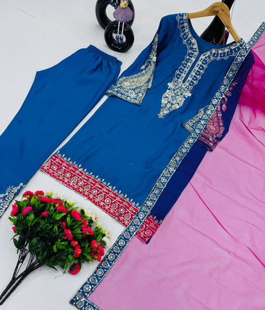 Outstanding Blue Color Sequences Work Plazzo Suit