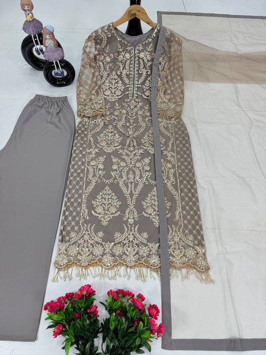 Festive Wear Soft Net Beige Color Salwar Suit