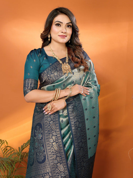 Delightful Tissue Silk Teal Blue Color Saree