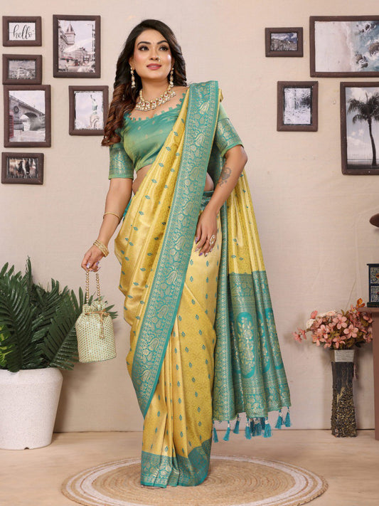 Delightful Tissue Silk Yellow & Sky Color Saree