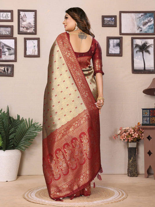 Delightful Tissue Silk Beige & Maroon Color Saree