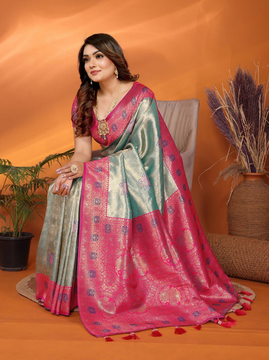 Classic Banarasi Silk Teal Blue & Pink Color Saree