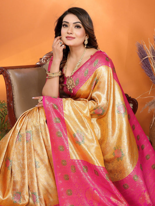 Classic Banarasi Silk Yellow & Pink Color Saree