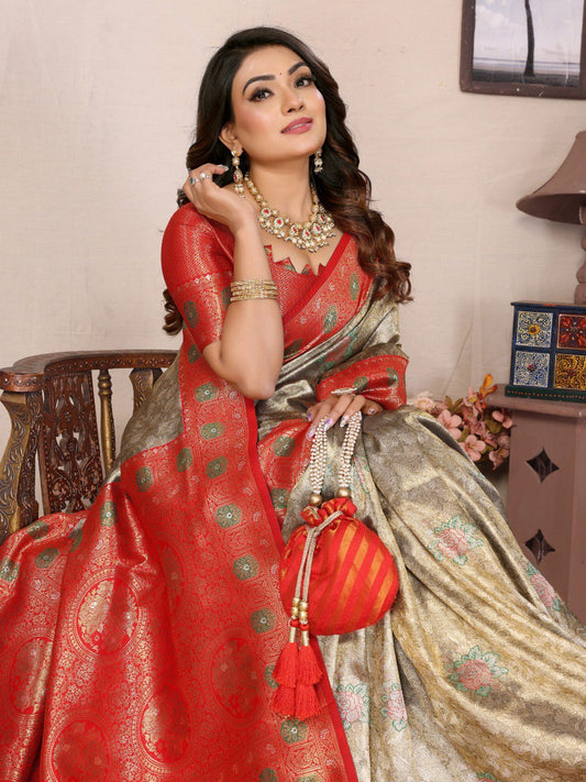 Classic Banarasi Silk Silver & Red Color Saree