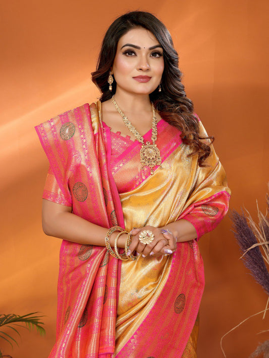 Presenting Paithani Banarasi Silk Yellow & Pink Color Saree