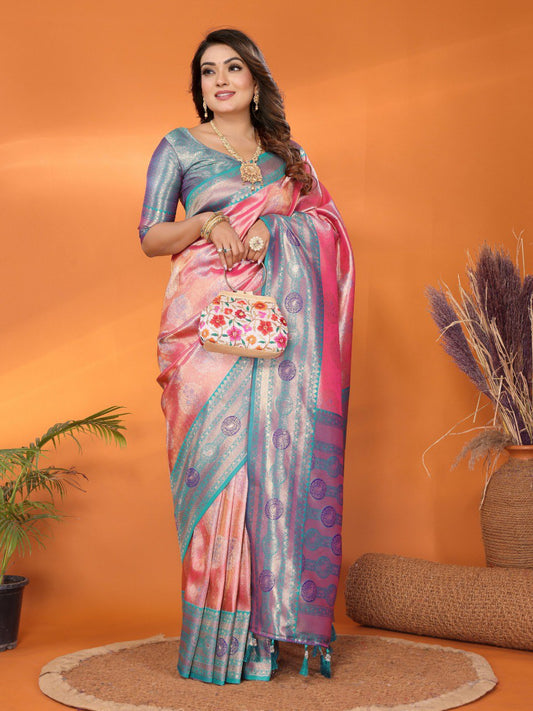 Presenting Paithani Banarasi Silk Pink & Teal Blue Color Saree