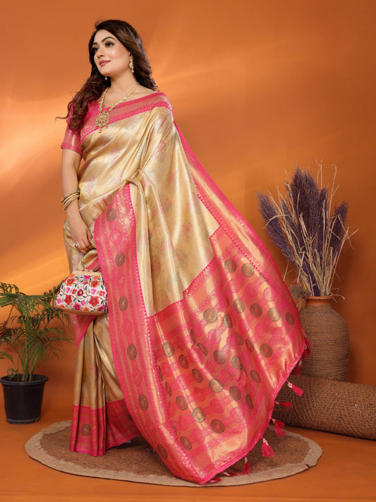 Presenting Paithani Banarasi Silk Gold & Pink Color Saree