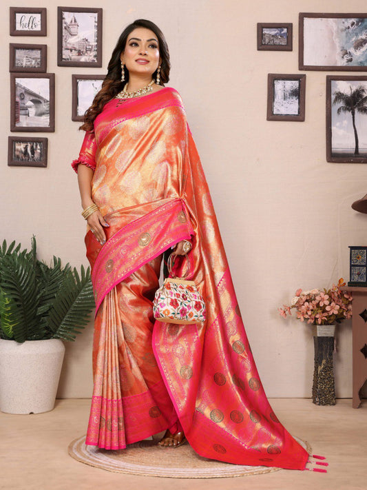 Presenting Paithani Banarasi Silk Orange & Pink Color Saree
