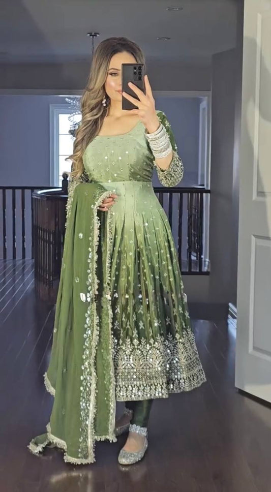Outstanding Chinon Silk Green Color Gown