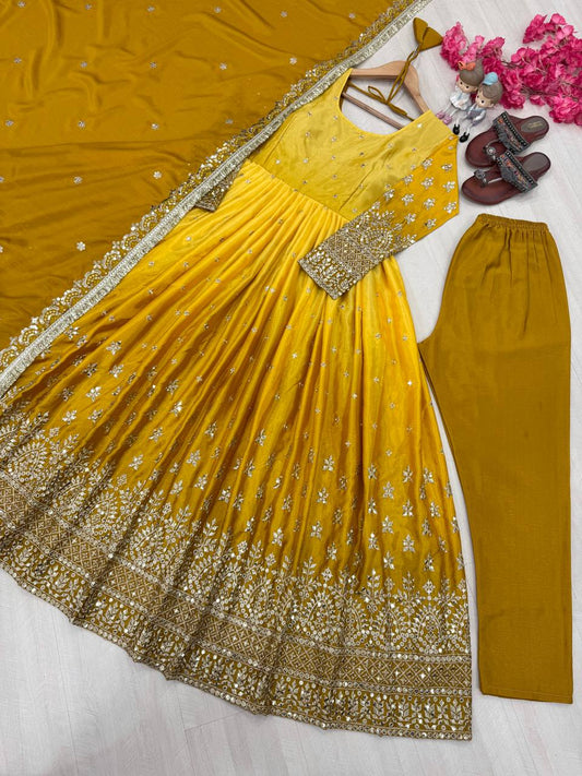 Outstanding Chinon Silk Yellow Color Gown