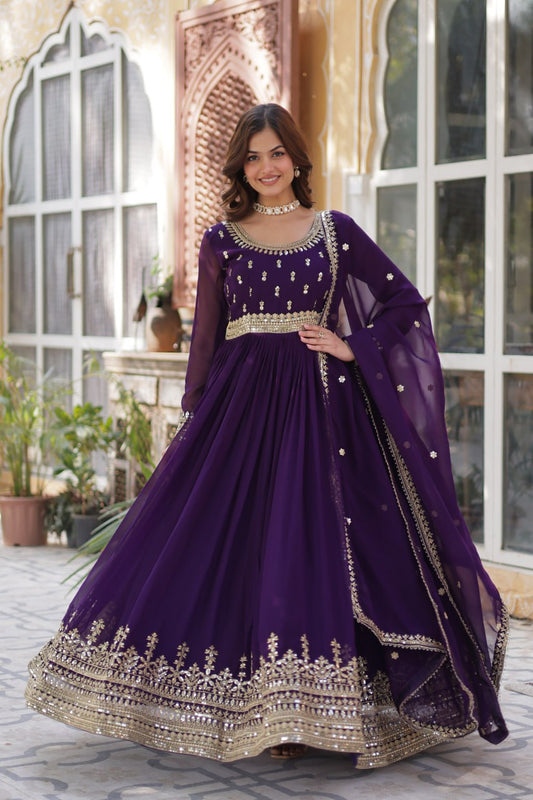 Adorable Embroidery Work Wine Color Gown