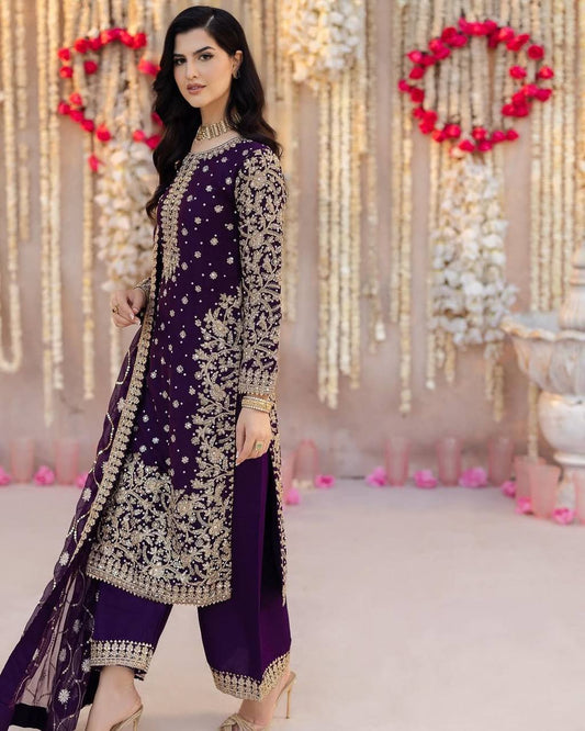 Opulent Georgette Sequence Work Purple Color Palazzo Suit
