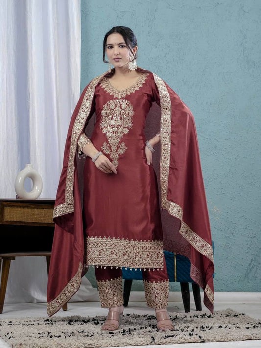 Classy Chinnon Silk Maroon Color Salwar Suit
