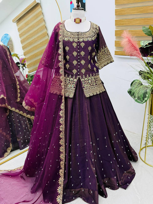 Simmer Silk Wedding Wear Purple Color Top With Lehenga