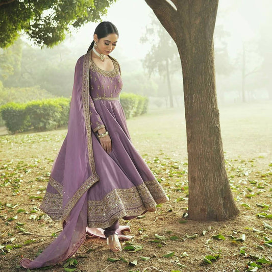 Classic Chinon Silk Lavender Color Anarkali Gown