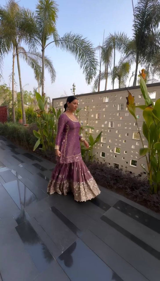 Peaceful Heavy Embroidery Work Purple Color Sharara Suit
