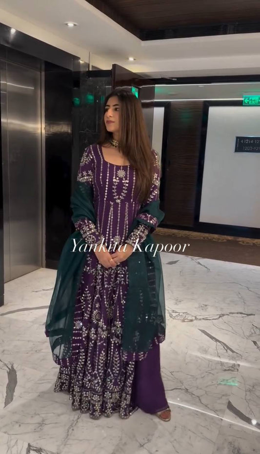 Ravishing Georgette Sequence Work Wine Color Gown