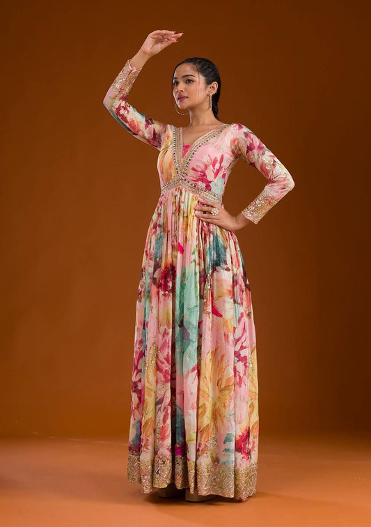 Awesome Chinon Silk Multi Color Floral Prints Gown