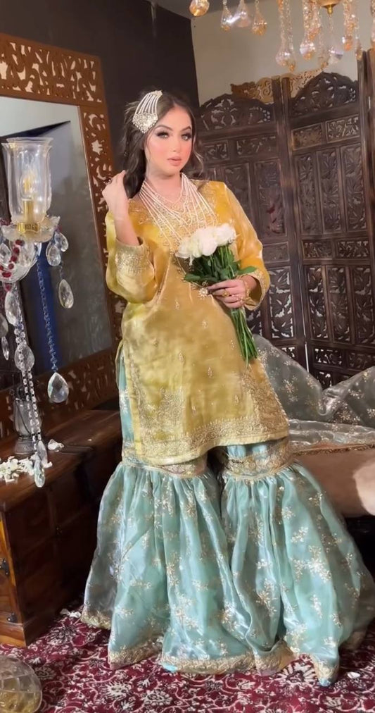 Fabulous Jimmy Cho Yellow And Sky Blue Color Sharara Suit